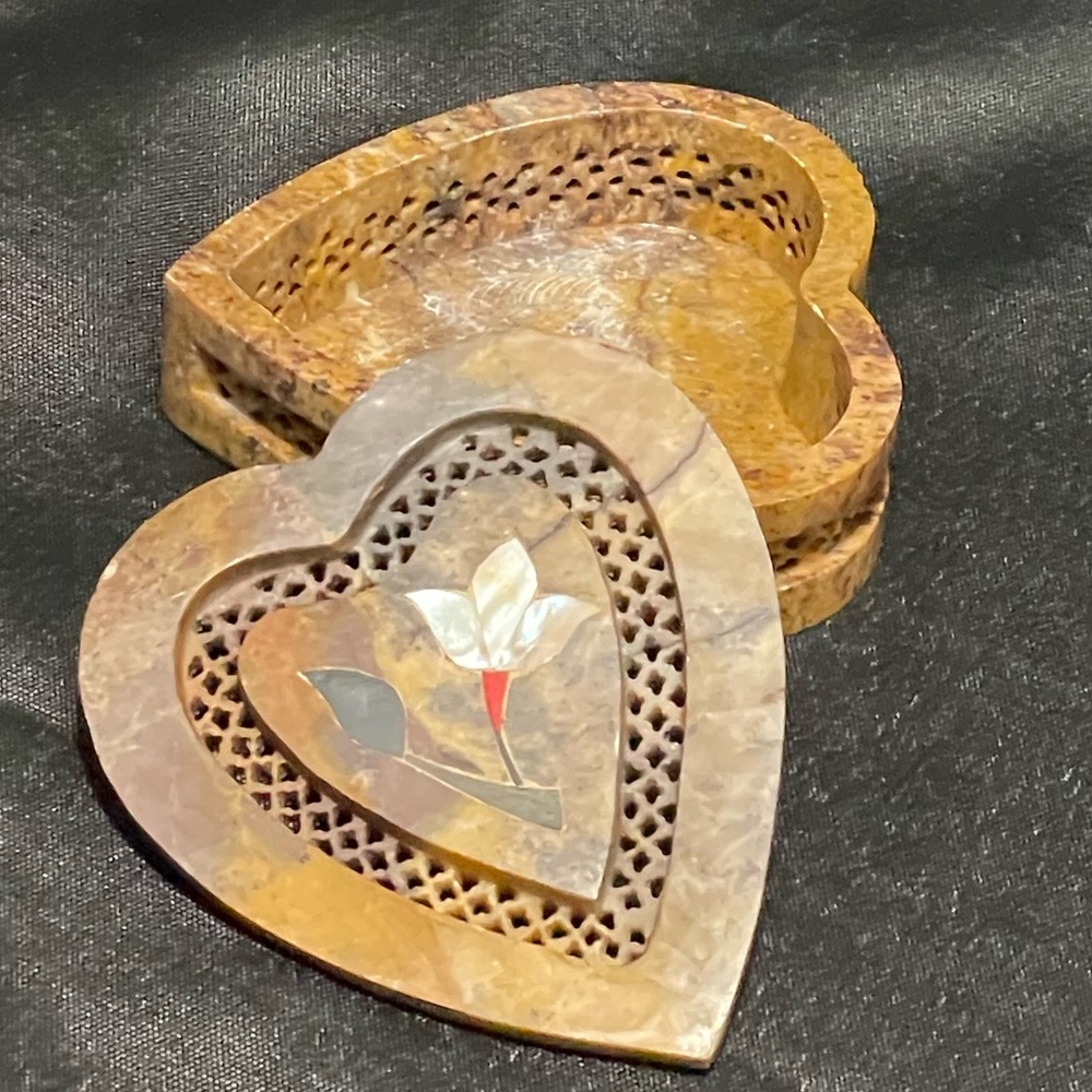 Heart Shaped Vintage 4” Trinket Box Soapstone Made in India Hand Carved Handmade